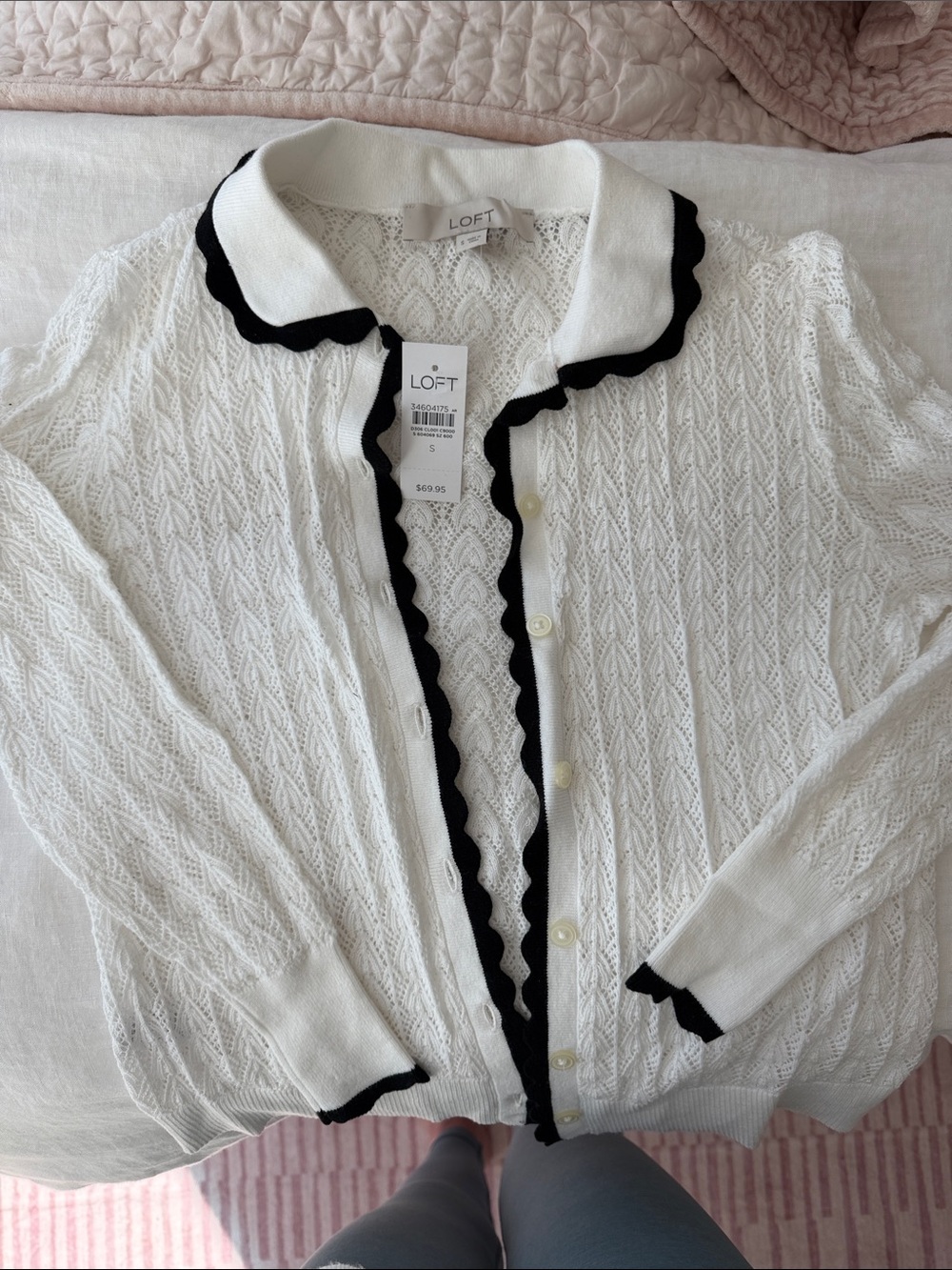 LOFT White cotton crochet Cardigan with Black Scalloped Trim